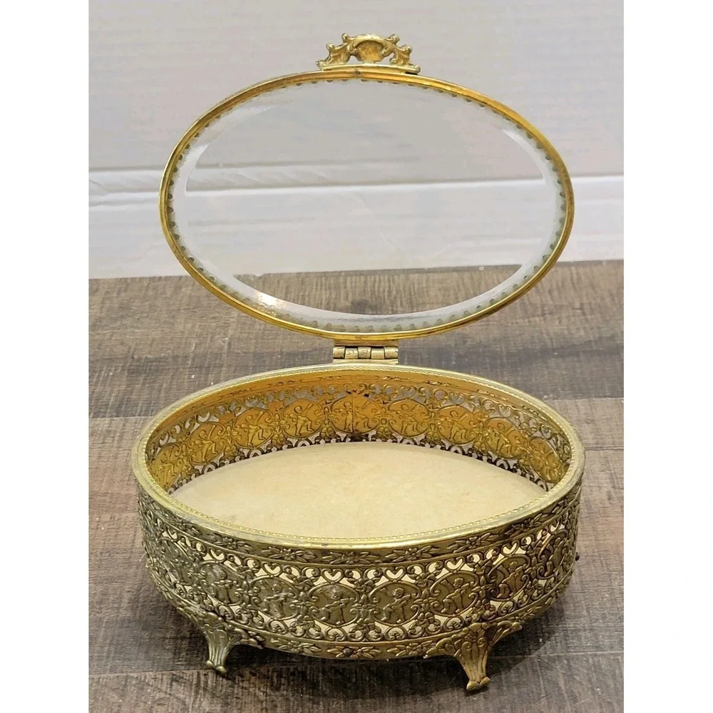 VTG‎ Globe Oval 24kt Gold Plate Filigree Ormolu Jewelry Casket